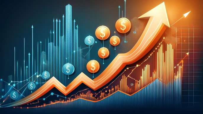 A financial chart with a rising trend line and floating dollar symbols, representing a company buying back its shares to increase stock value.