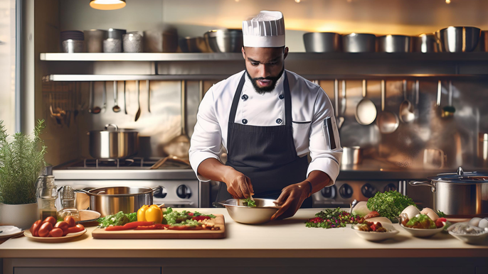 A chef carefully preparing a gourmet dish in a vibrant kitchen, with neatly arranged ingredients and tools, symbolizing the creativity, precision, and passion required in both cooking and entrepreneurship.