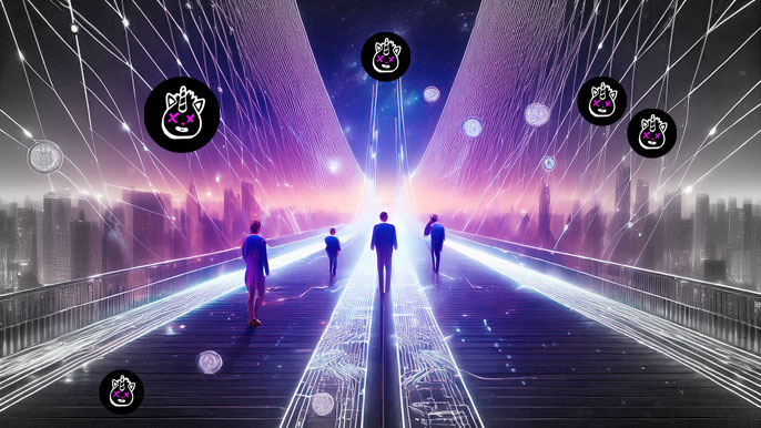 A glowing digital bridge with people crossing toward a futuristic city, surrounded by Ponchiqs (PONCH) logos and blockchain patterns.