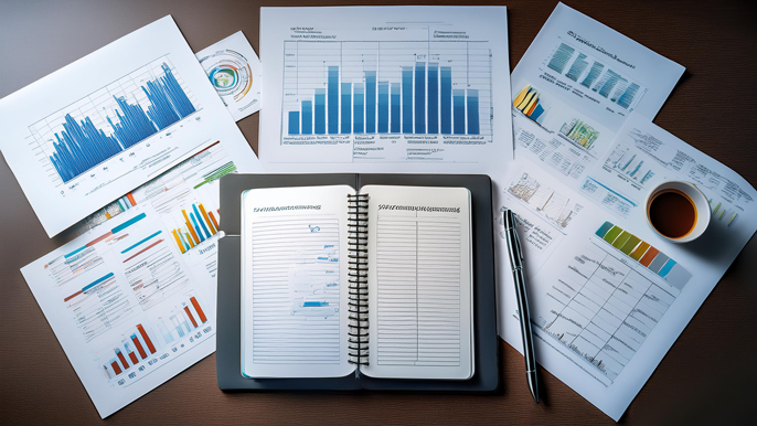 Overhead view of a desk with charts, graphs, a notebook, and a pen, symbolizing structured decision-making processes and business strategy planning.