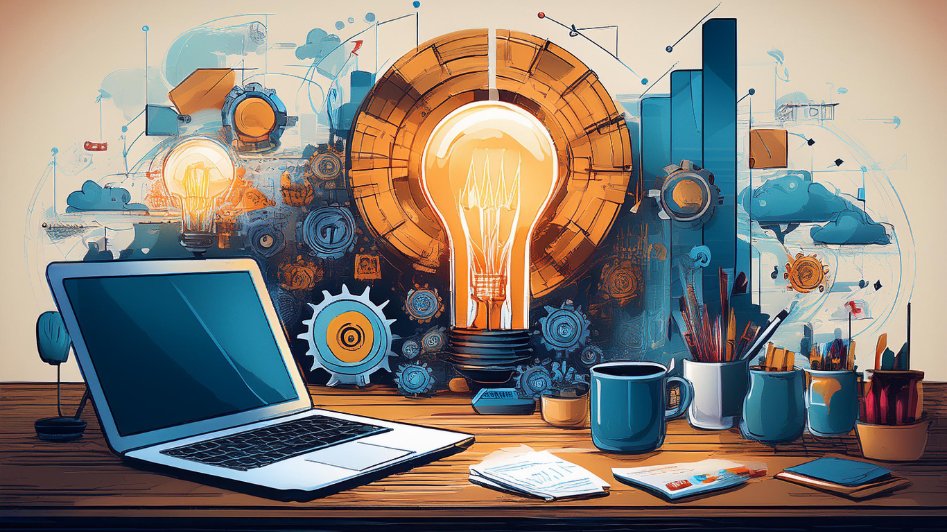 A creative workspace with a laptop, light bulbs, gears, and arrows symbolizing inspiration, problem-solving, and innovation in starting a business.