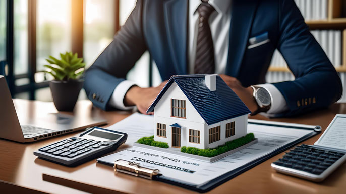 A miniature house model sits on financial documents with a calculator and laptop nearby, symbolizing real estate property used as collateral for Lease Rental Discounting.