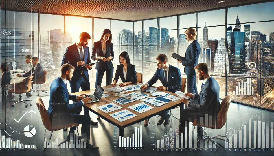 A modern business team collaborating in a bright office space with laptops, charts, and documents on the table, symbolizing growth and strategy development with a city skyline visible through large windows.