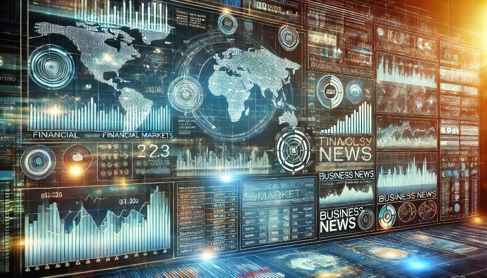 A wide image showing a modern digital news dashboard with charts, graphs, and headlines displaying updates in technology, markets, economy, and business.