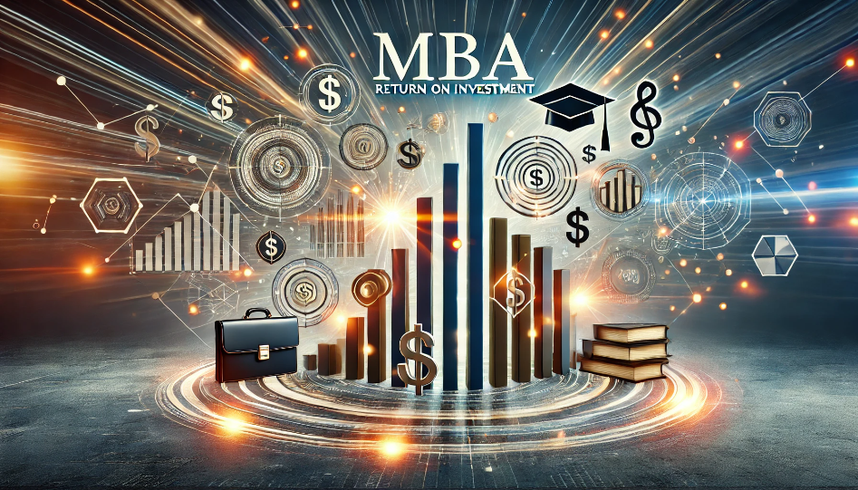 A creative representation of MBA ROI, featuring rising bar charts, dollar symbols, briefcases, and academic caps, symbolizing high earning potential and business success.