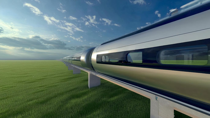 A hyperloop pod gliding through an elevated track over green fields, symbolizing futuristic high-speed transport projects planned in India.