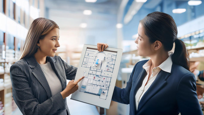 Two businesswomen in a discussion holding a detailed franchising blueprint, representing the balance between franchisee flexibility and franchisor control in running a business under a franchise model.