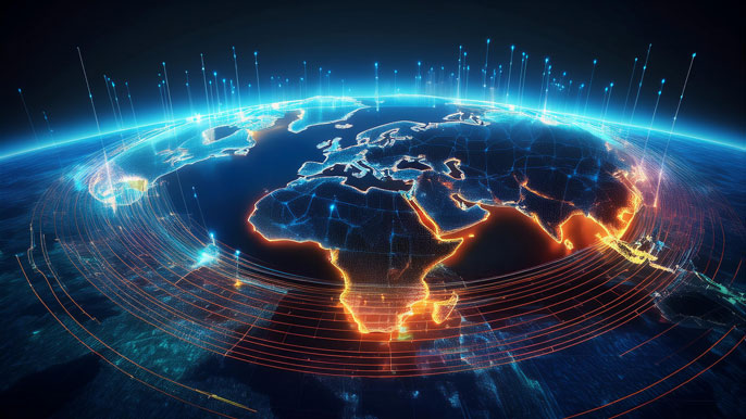 Digital Earth map highlighting disaster-prone zones with AI-driven predictive analytics and data points.