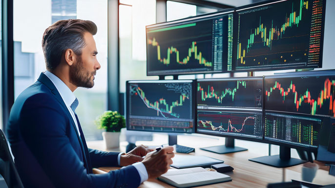 Stock analyst examining live charts of emerging US stocks like BigBear.ai, Lantronix, Predictive Oncology, and Serve Robotics on multiple monitors in a professional office setup.