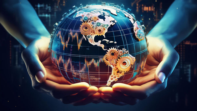 Hands gently holding a globe adorned with interlocking gears and subtle financial graphs.