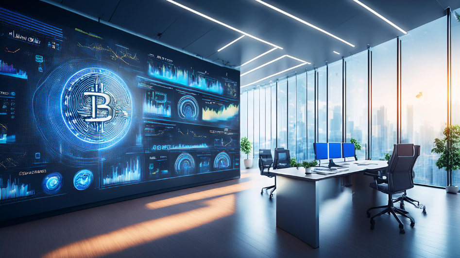 Futuristic office with digital screens displaying Bitcoin and cryptocurrency data, highlighting the integration of digital currencies into business operations.