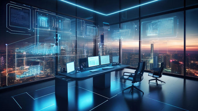 A futuristic office with digital data screens, overlooking a smart city at dusk, showcasing edge computing technology.