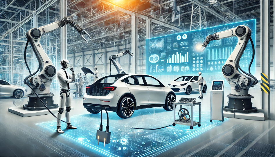 Modern automotive industry scene with robotic arms assembling cars, electric vehicles charging, and engineers analyzing data.