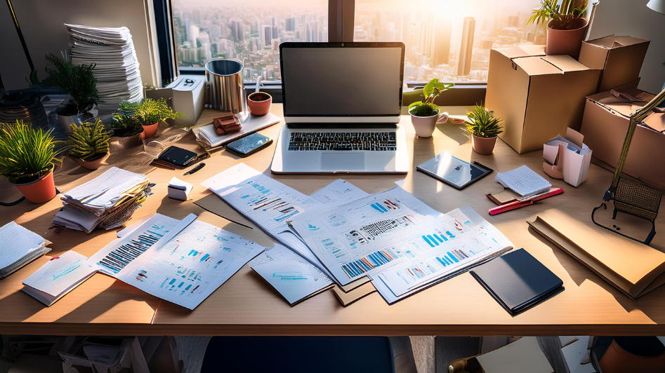 A cluttered desk filled with financial charts, paperwork, and packing boxes, symbolizing the common mistakes startups face, such as poor financial planning, scaling too quickly, and lack of organization.