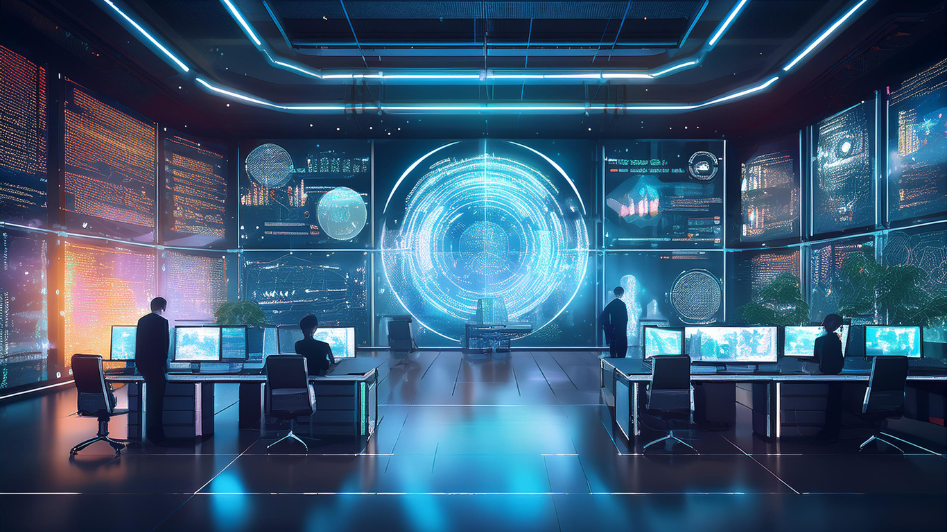 Futuristic business control room in 2025 with holographic data displays and advanced technology systems, symbolizing the future of internet-driven business operations.