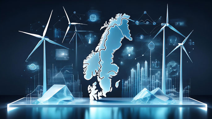 A futuristic map of Scandinavia with wind turbines, glowing stock graphs, and digital technology icons, symbolizing the region's innovation and sustainable share markets.