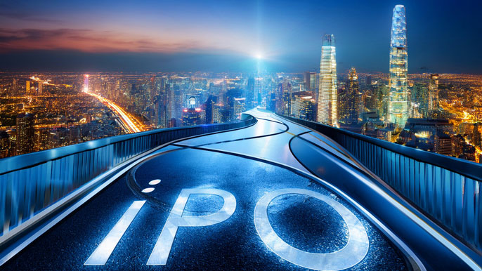 A glowing road labeled "IPO" leading toward a futuristic city skyline, symbolizing the journey of navigating initial public offerings for investment opportunities.