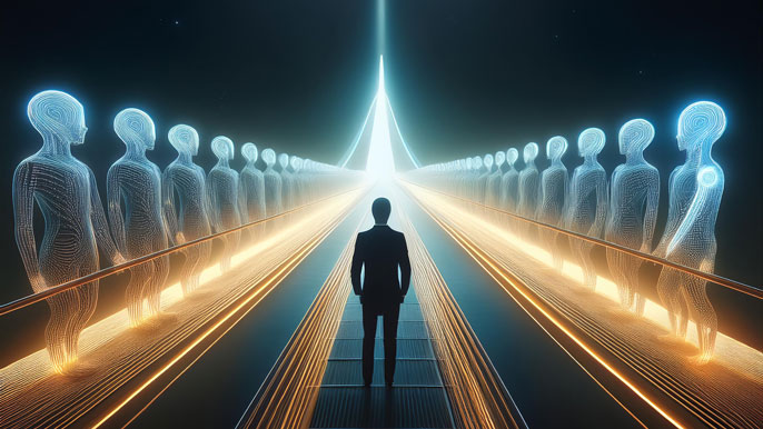 A glowing figure stands on a futuristic bridge made of light beams, symbolizing the connection and support between entrepreneurs and business incubators, with illuminated mentors on either side guiding the way toward success.