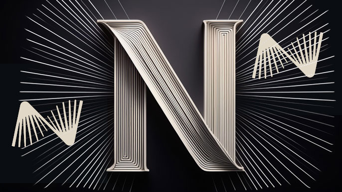 3D beige letter "N" with radiating lines and geometric symbols on a sleek black background, representing a modern and abstract design.