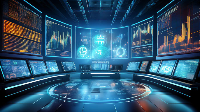 Stock market trading floor filled with multiple digital screens displaying blockchain, cryptocurrency stock trends. Screens show graphs, rising stock values, and company logos related to blockchain and crypto businesses, emphasizing their potential 2025.