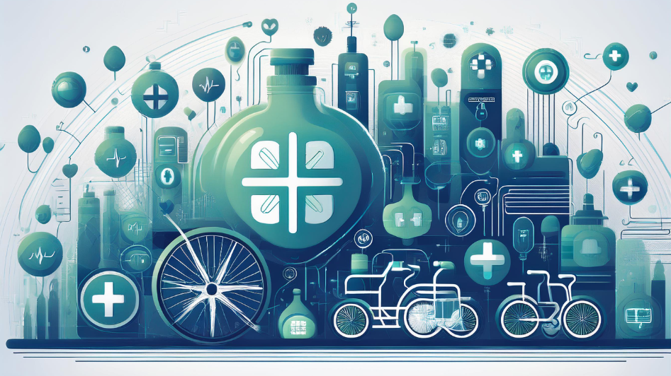 Abstract depiction of the medical and health industry featuring medical equipment, healthcare icons, and wellness symbols, representing business opportunities in healthcare.