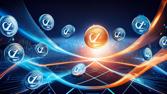 A glowing CVX token surrounded by smaller tokens connected by dynamic lines of liquidity flow, symbolizing its role in incentivizing liquidity mining and optimizing rewards within the Convex Finance ecosystem.