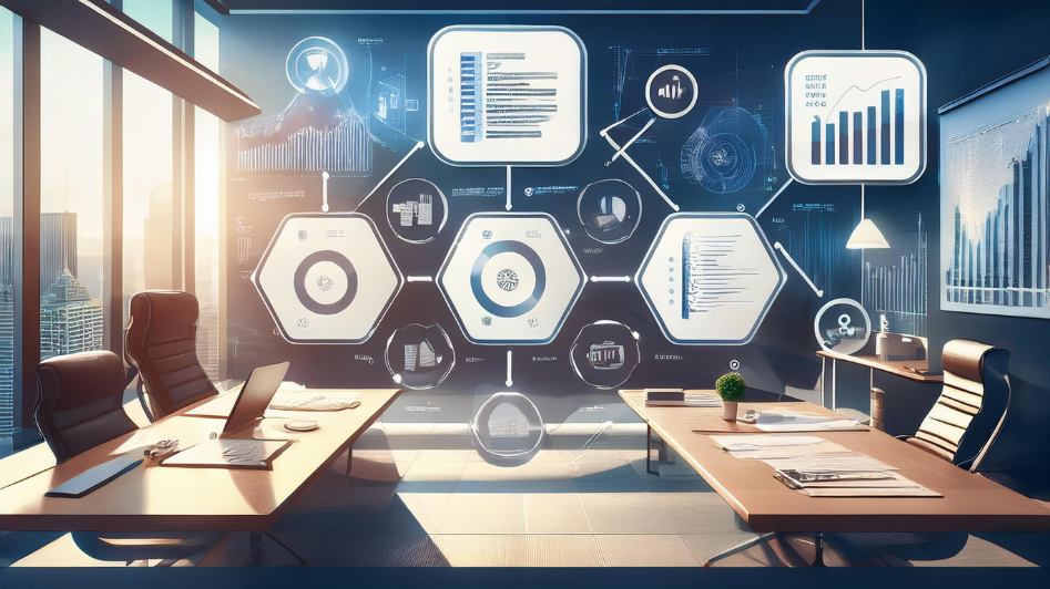 Modern business office displaying steps for creating a business case, with visual flow charts and data screens representing strategy execution and decision-making processes.