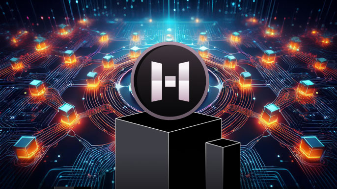 HashKey Platform Token (HSK) logo surrounded by a futuristic blockchain network with interconnected nodes, symbolizing innovation and DeFi integration.