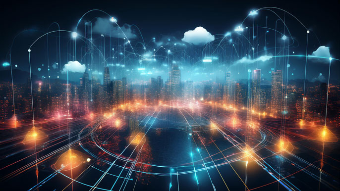 Digital network connecting global businesses through glowing data streams, symbolizing cloud computing, IoT, and data-driven decision-making for future business transformation.