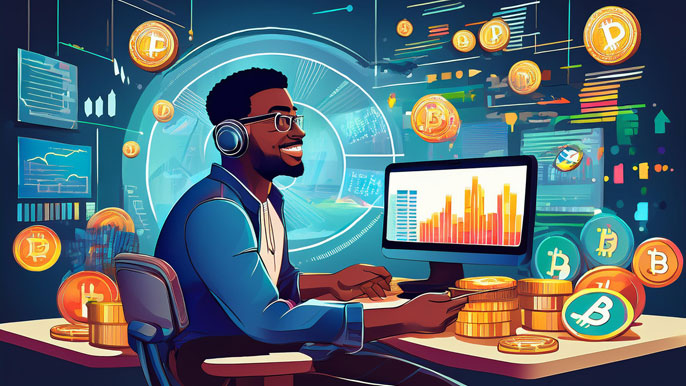 A cryptocurrency YouTube creator recording content, surrounded by Bitcoin graphics, market trend charts, and interactive viewer comments, symbolizing engagement and crypto education.