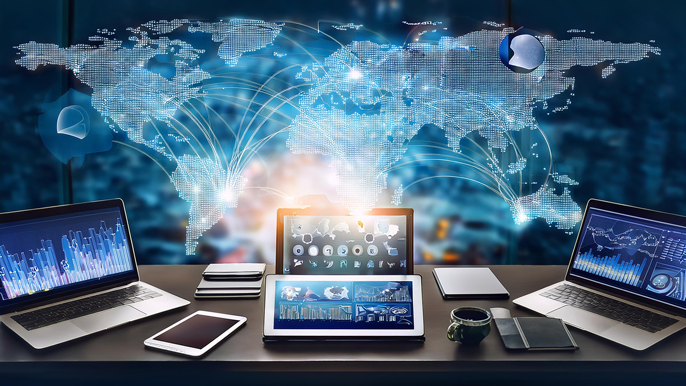 A symbolic representation of global business networking, featuring laptops, tablets, and digital charts, with a world map in the background connecting international forums and collaborations.