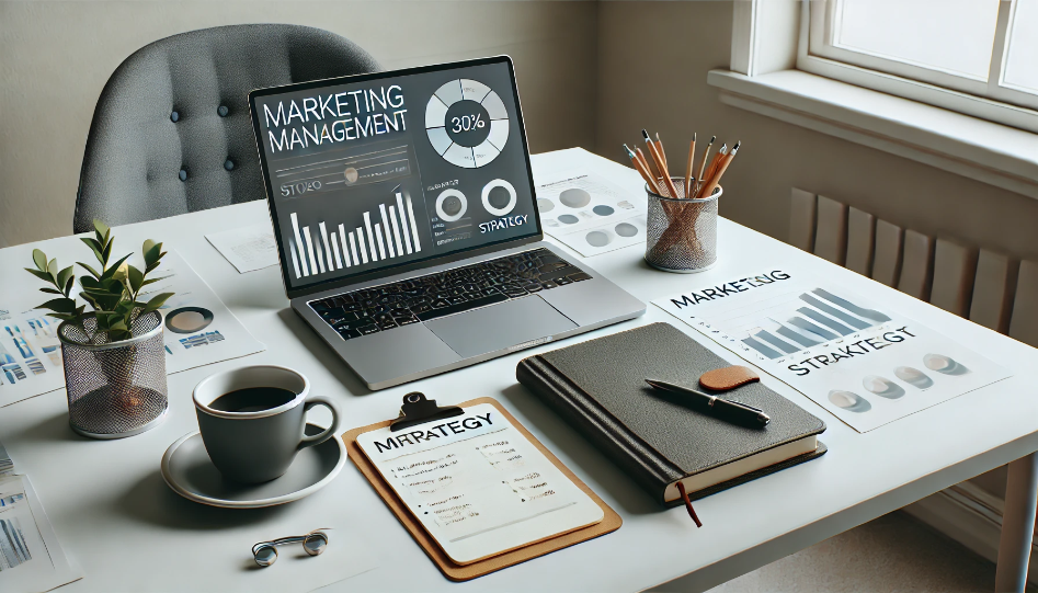 Office scene with a desk featuring a laptop displaying a marketing dashboard, a notebook with strategy notes, and a cup of coffee, representing marketing management in a business environment.