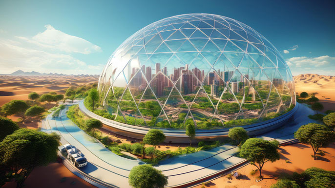 A futuristic domed city in a desert, with green spaces, tall buildings, and a clear protective dome maintaining a livable environment.