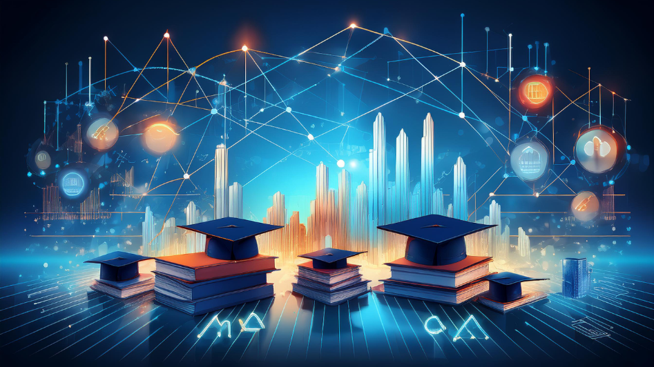 parameters for selecting a top MBA college, featuring symbols like graduation caps, bar charts for rankings, briefcases for placements, and books for curriculum, with glowing lines connecting them.