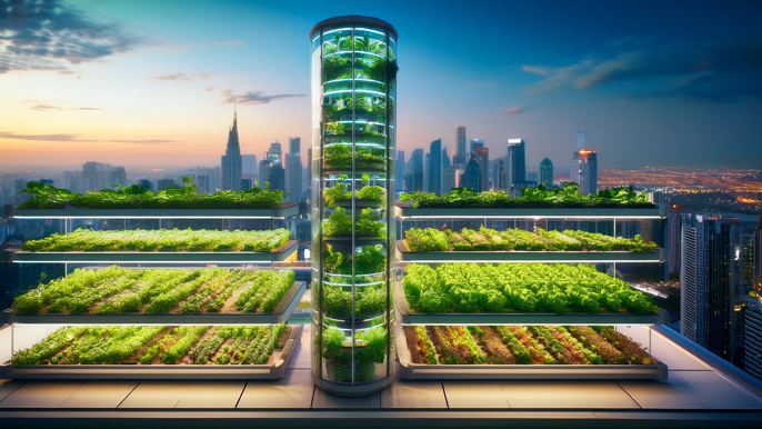 Futuristic vertical farm on a city rooftop, with multiple layers of crops growing under LED lights and a city skyline in the background, representing sustainable urban agriculture in 2025.