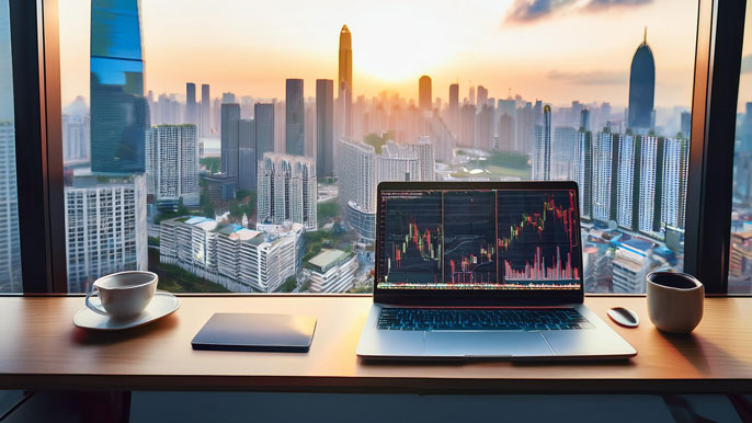 A laptop showing Chinese stock market charts on a desk overlooking a city skyline, symbolizing market analysis and China's economic growth.