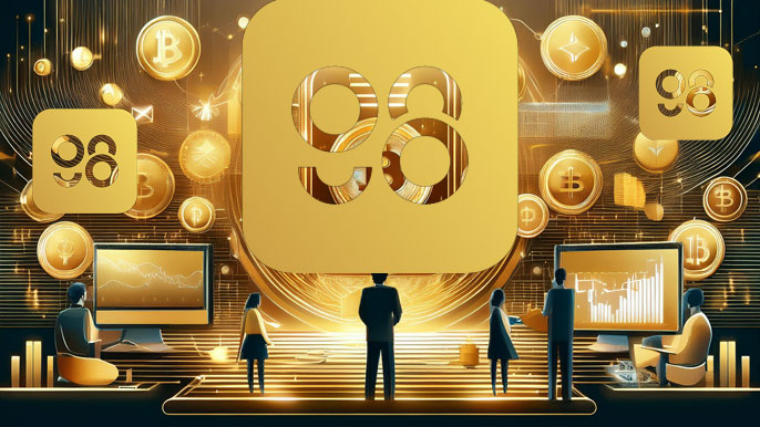 Coin98 Token (C98) logo displayed in a futuristic setting with glowing digital assets, blockchain graphs, and users interacting with decentralized finance tools.