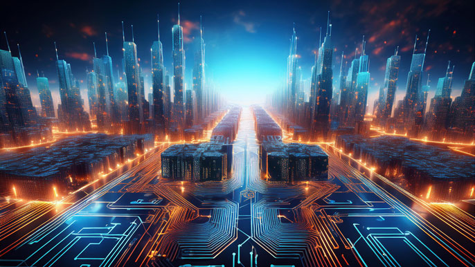 A futuristic cityscape with glowing circuit board pathways and microchip-like buildings, symbolizing technological innovation and industrial growth.