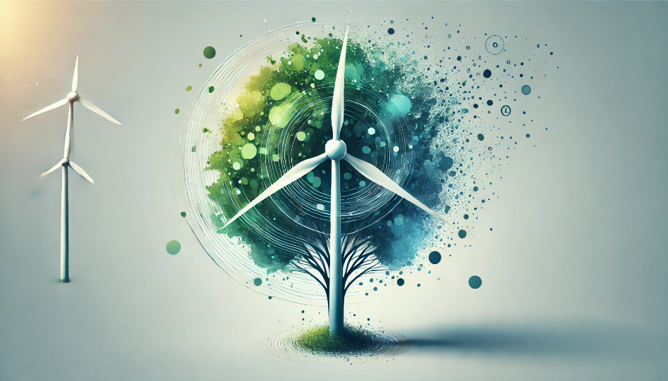 An abstract image of a wind turbine blending with a tree, symbolizing the harmony between renewable energy and nature.