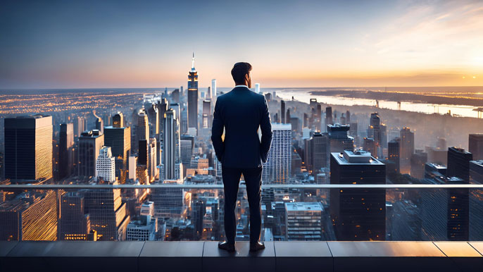 Entrepreneur standing alone on a rooftop, overlooking a bustling city at sunset, symbolizing the isolation and solitude often experienced in leadership despite external success.