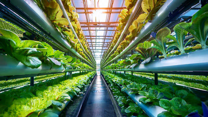 Close-up of rows of leafy greens like lettuce growing in a hydroponic vertical farm with stacked layers and bright LED grow lights.