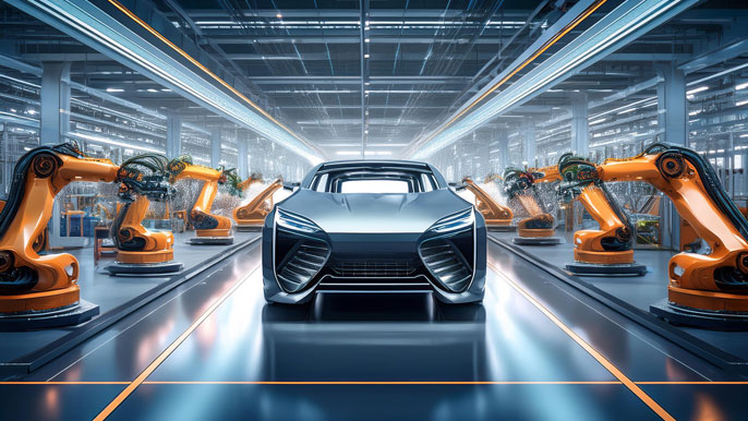 Advanced robotic assembly line producing a sleek electric vehicle in a General Motors factory, showcasing the future of automotive manufacturing.