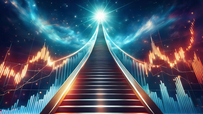 A glowing ladder ascending into the sky, surrounded by stock market graphs and a cosmic backdrop, symbolizing the journey to maximizing financial growth and returns.