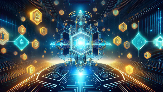 Futuristic quantum computer at the center emitting glowing light, surrounded by floating digital currency symbols and blockchain icons. The complex geometric patterns represent quantum algorithms powering advanced financial processes