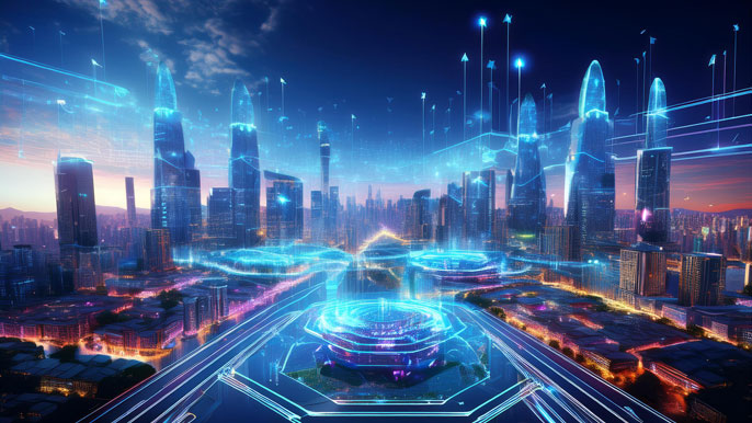 Futuristic Chinese tech hub with towering skyscrapers, advanced AI systems, and holographic interfaces, symbolizing technological innovation and collaboration with Western companies in 2025.