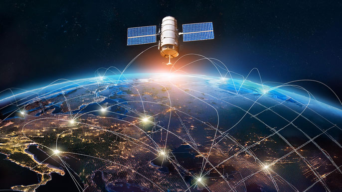 A satellite in orbit over Earth, with network lines connecting glowing points across continents, symbolizing global geo-positioning and data connectivity.