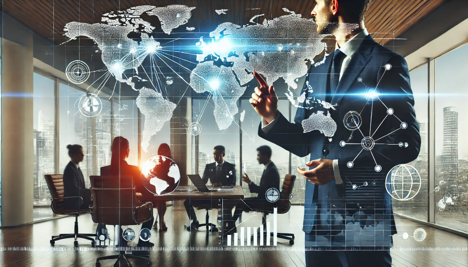 A CEO leading a business to global success, with digital interfaces displaying global maps and data, collaborating with an executive team, symbolizing global growth, leadership, and business expansion.