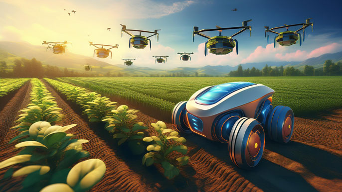 Futuristic agricultural field featuring autonomous farming robots and drones. The robots tend to crops with precision, while drones monitor the fields from above, symbolizing the integration of advanced technology in sustainable farming practices.