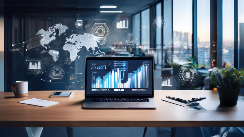 A modern workspace with a laptop displaying marketing analytics and growth charts, surrounded by digital icons representing customer acquisition strategies and global expansion.