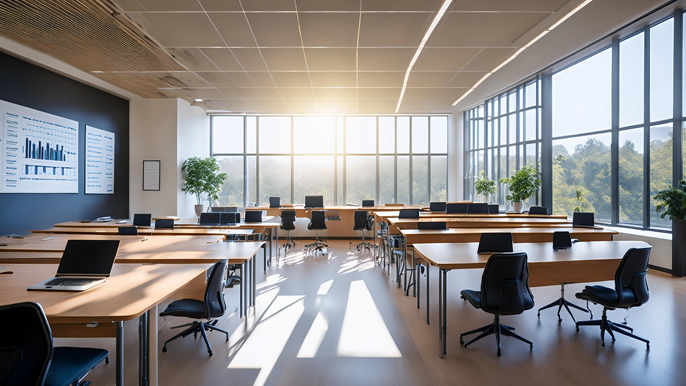 A modern university classroom with neatly arranged desks, laptops, and charts, symbolizing the learning environment for MBA elective subjects like finance, marketing, and entrepreneurship.